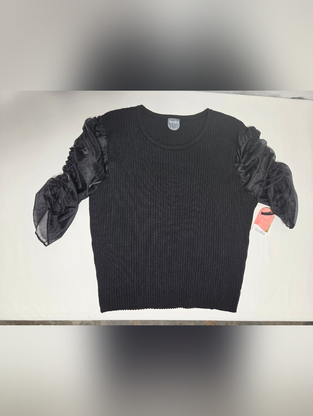 Arula B Ribbed Knit Sweater Featuring Sheer Organza Puff Sleeves. 2XL NWT